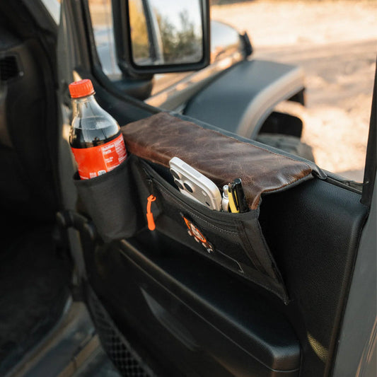 Multifunctional Car Door Armrest & Cup Holder with Storage Pouch - Soft Leather Elbow Support for Long Drives