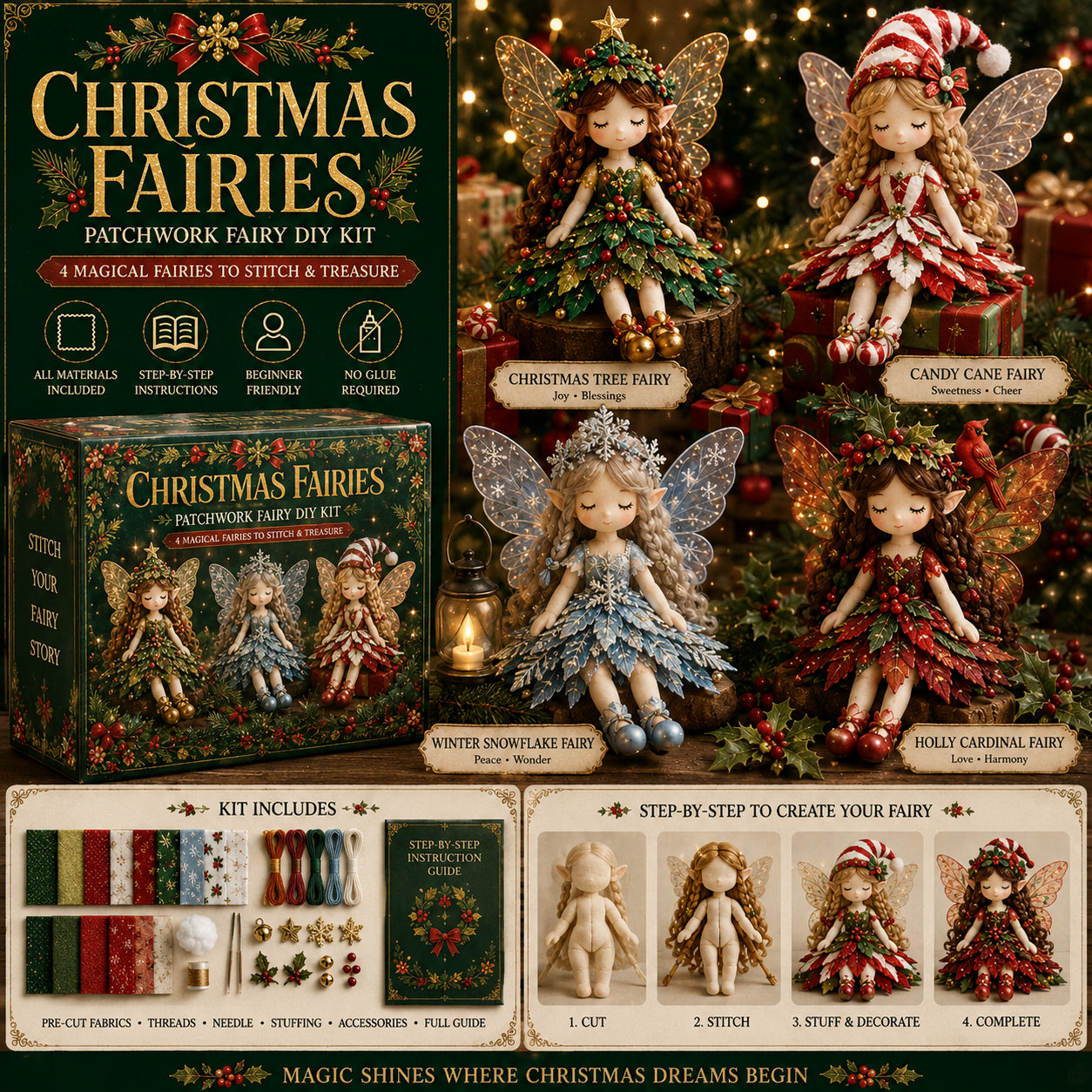 Christmas Fairy Patchwork Sewing Kit – Set of 4 Dolls