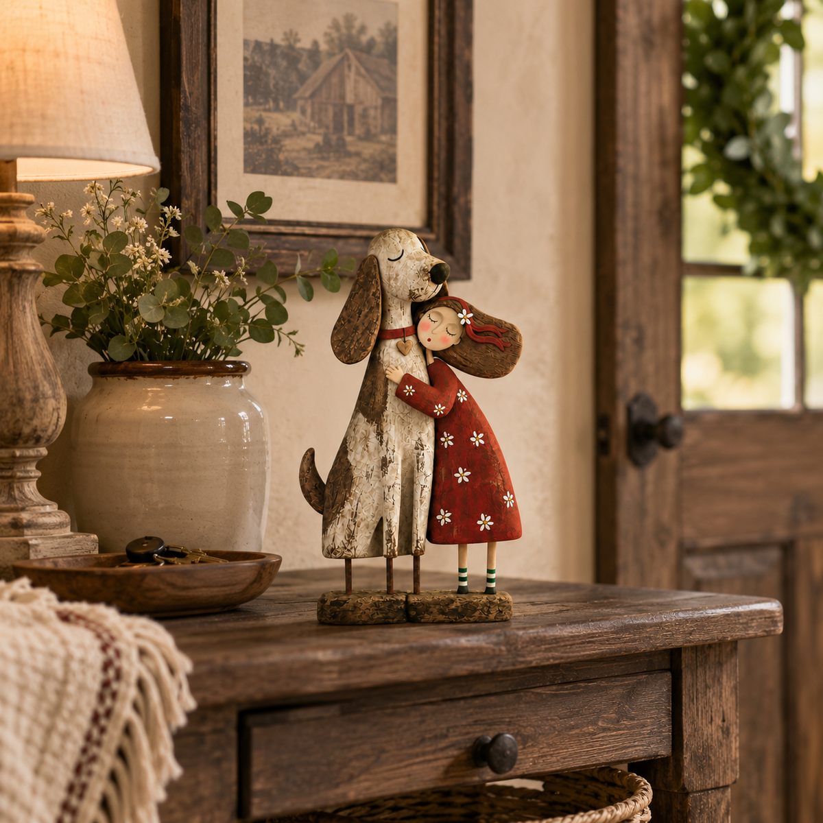Girl &amp; Her Best Friend Folk Art Figurine