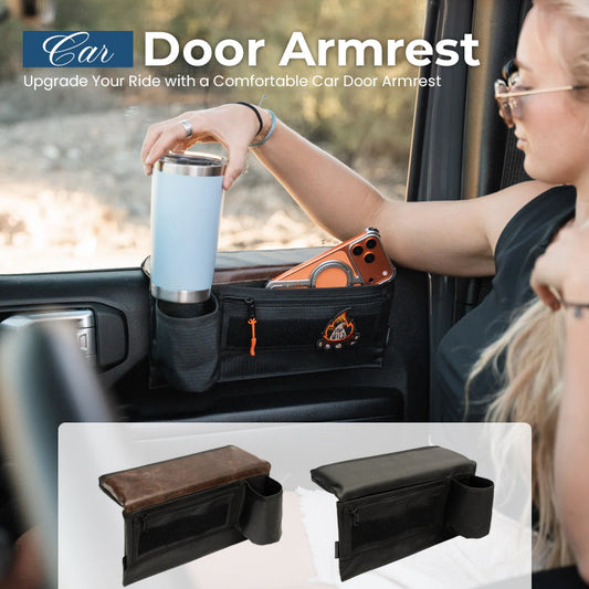 Multifunctional Car Door Armrest & Cup Holder with Storage Pouch - Soft Leather Elbow Support for Long Drives