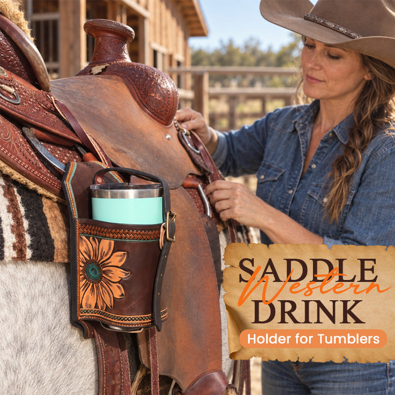 Hand-Tooled Leather Saddle Drink Holder for Tumblers