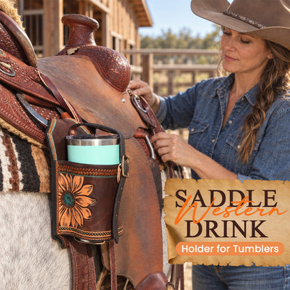 Hand-Tooled Leather Saddle Drink Holder for Tumblers