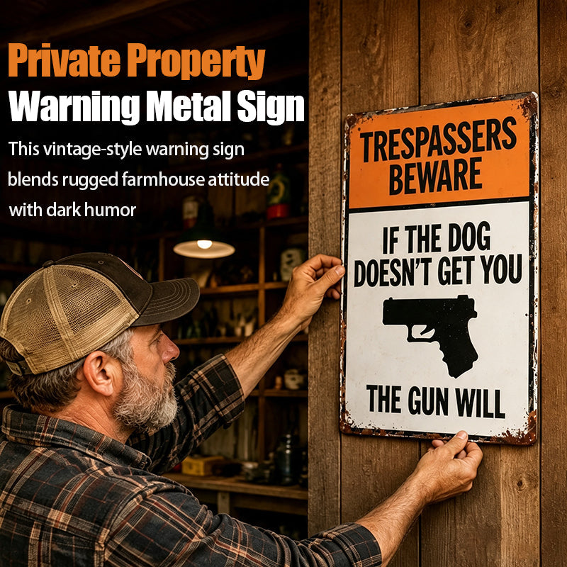 Vintage "Trespassers Beware" Metal Tin Sign
