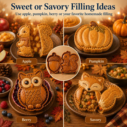 🍂 8-Design Fall Mini Pie Mold Collection | Reusable Embossed Molds for Shaping Detailed Owl, Fox, Turkey, Pumpkin, Acorn & More 🥧✨