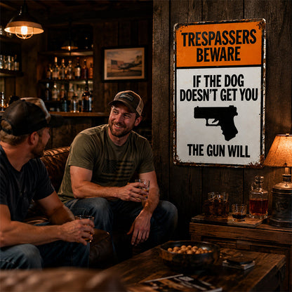 Vintage "Trespassers Beware" Metal Tin Sign