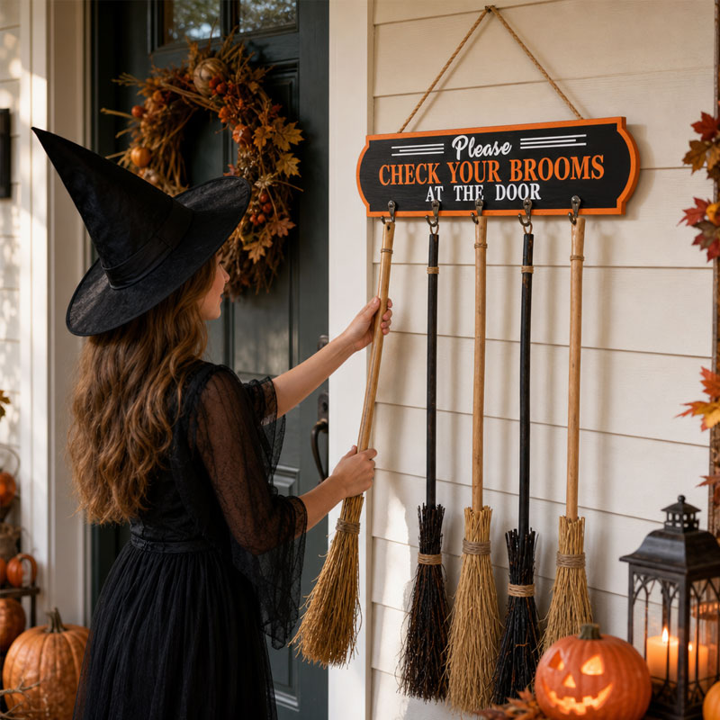 🧹“Please CHECK YOUR BROOMS AT THE DOOR” Halloween Witch Broom Door Hanger