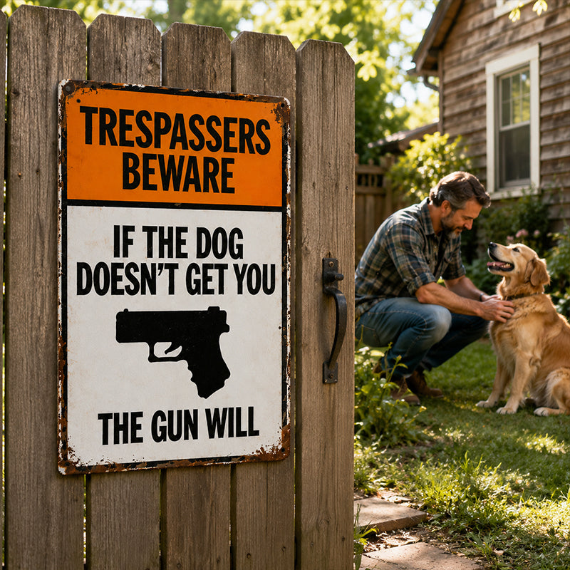 Vintage "Trespassers Beware" Metal Tin Sign