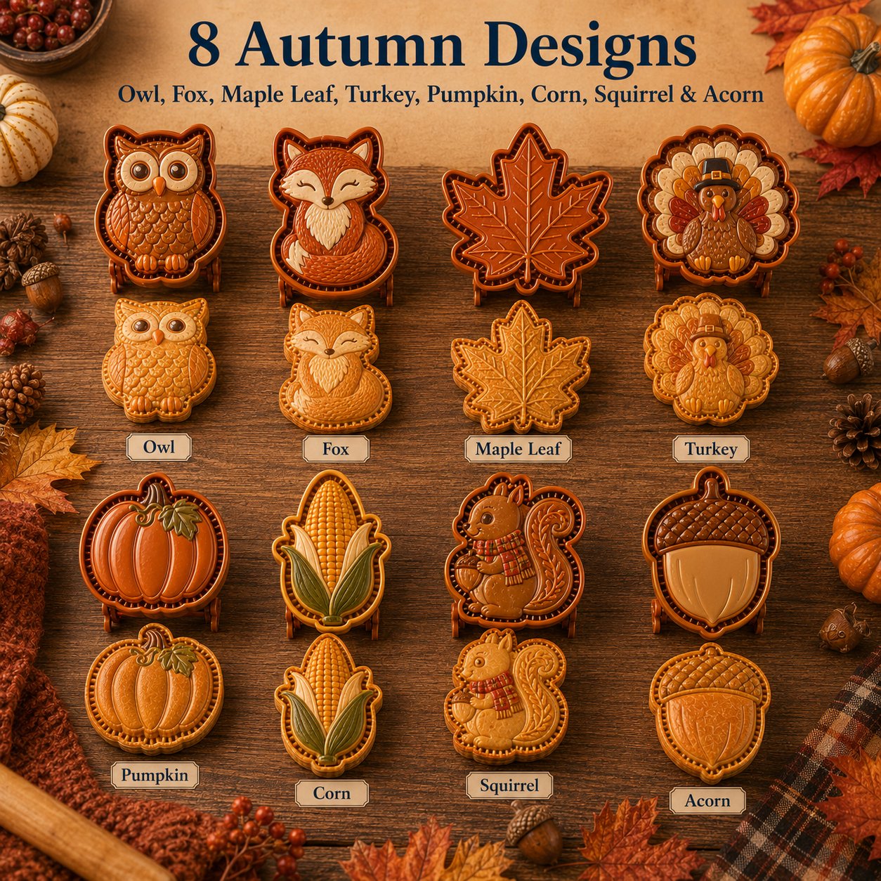 🍂 8-Design Fall Mini Pie Mold Collection | Reusable Embossed Molds for Shaping Detailed Owl, Fox, Turkey, Pumpkin, Acorn & More 🥧✨