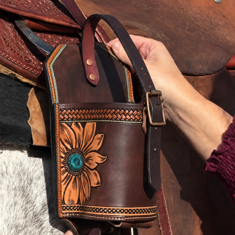 Hand-Tooled Leather Saddle Drink Holder for Tumblers