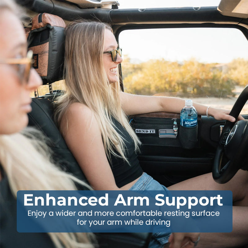 Multifunctional Car Door Armrest & Cup Holder with Storage Pouch - Soft Leather Elbow Support for Long Drives