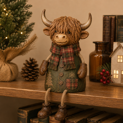 Festive Highland Cow Shelf Sitter – Rustic Christmas Home Decor