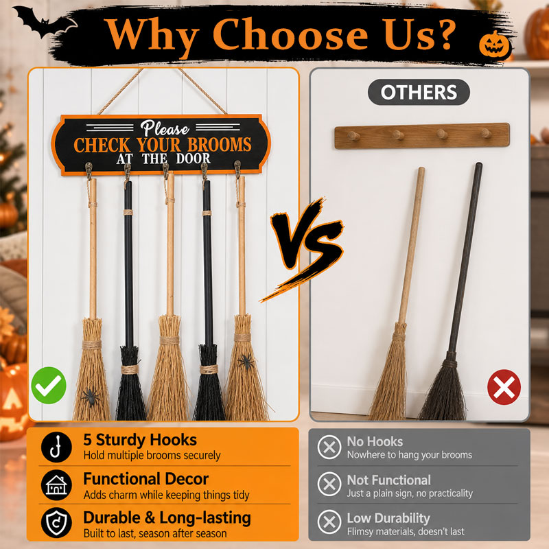 🧹“Please CHECK YOUR BROOMS AT THE DOOR” Halloween Witch Broom Door Hanger