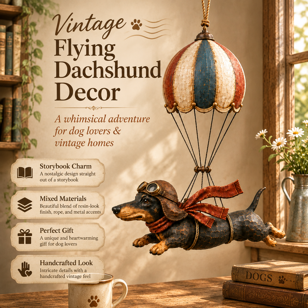 🎈🐶Vintage Flying Dachshund Hot Air Balloon Decor