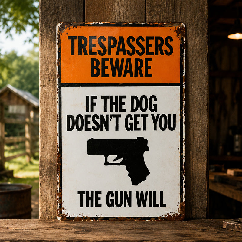 Vintage "Trespassers Beware" Metal Tin Sign