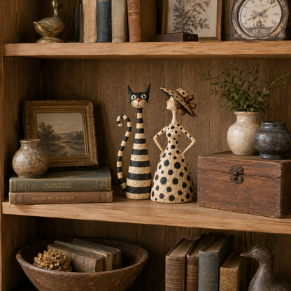 🐱🎨 Vintage Cat & Lady Sculpture Set — distressed charm for cosy corners