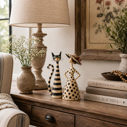 🐱🎨 Vintage Cat & Lady Sculpture Set — distressed charm for cosy corners