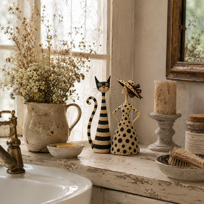 🐱🎨 Vintage Cat & Lady Sculpture Set — distressed charm for cosy corners