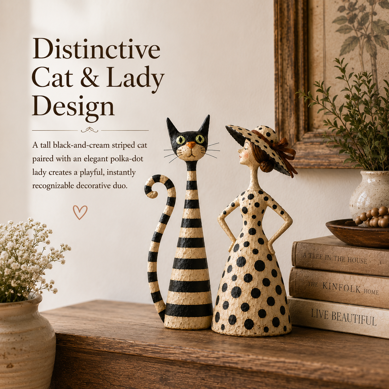 🐱🎨 Vintage Cat & Lady Sculpture Set — distressed charm for cosy corners