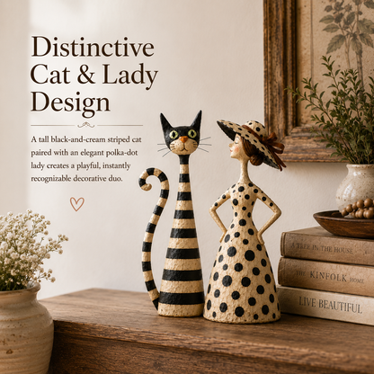 🐱🎨 Vintage Cat & Lady Sculpture Set — distressed charm for cosy corners