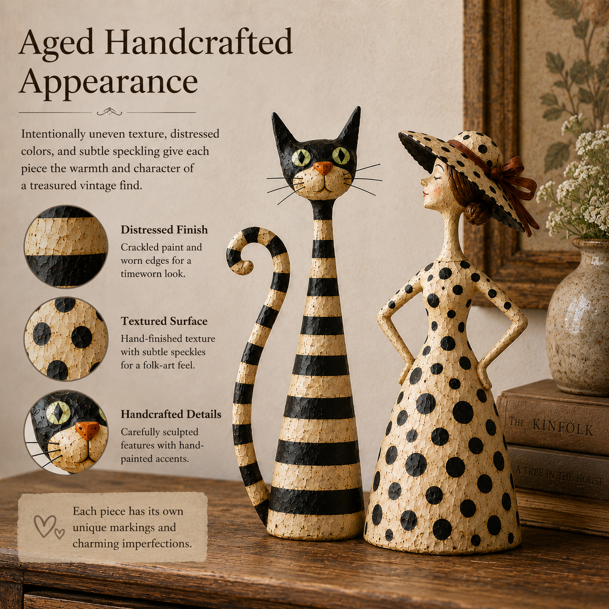 🐱🎨 Vintage Cat & Lady Sculpture Set — distressed charm for cosy corners