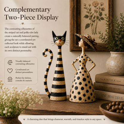 🐱🎨 Vintage Cat & Lady Sculpture Set — distressed charm for cosy corners