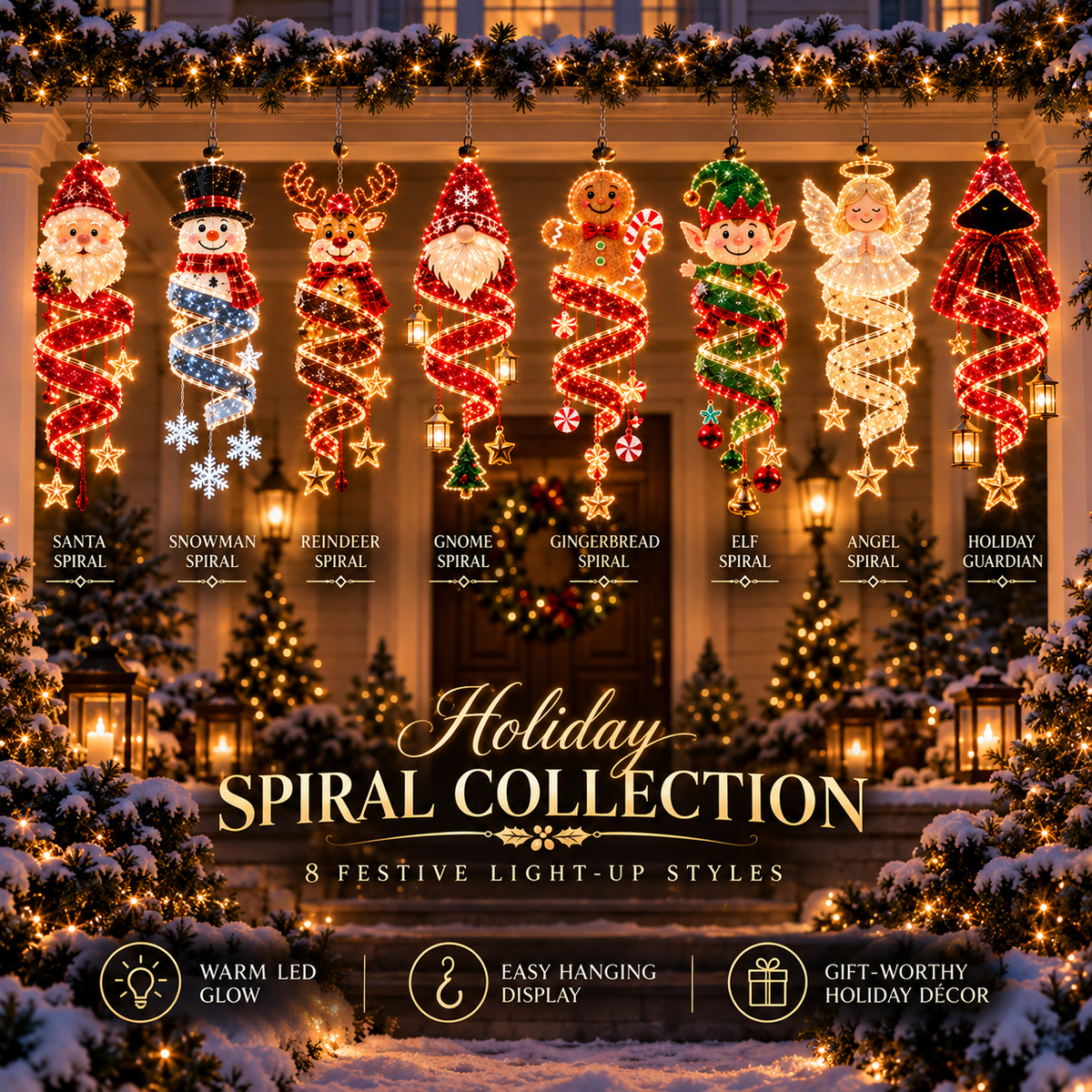 🎄 Christmas Magic Spiral™ Hanging LED Light Collection – 9 Festive Designs ✨