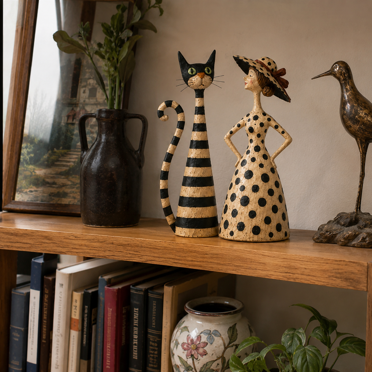 🐱🎨 Vintage Cat & Lady Sculpture Set — distressed charm for cosy corners