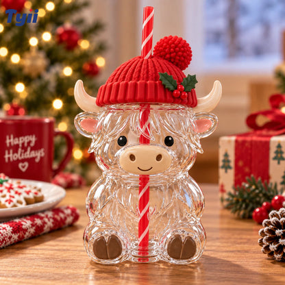 ❤️TYIIMAX™ Highland Cow Christmas Glass Cup with Straw – Cute Holiday Tumbler Gift