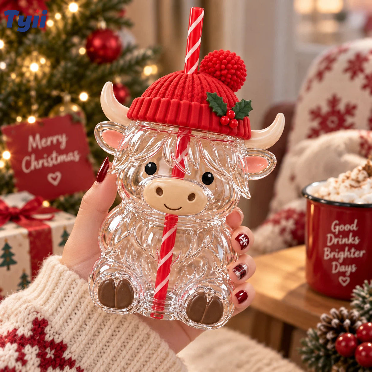 ❤️TYIIMAX™ Highland Cow Christmas Glass Cup with Straw – Cute Holiday Tumbler Gift