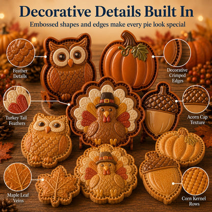 🍂 8-Design Fall Mini Pie Mold Collection | Reusable Embossed Molds for Shaping Detailed Owl, Fox, Turkey, Pumpkin, Acorn & More 🥧✨