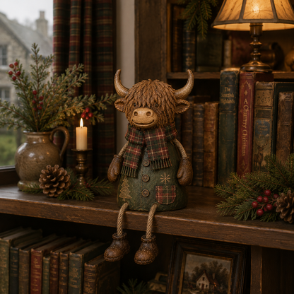 Festive Highland Cow Shelf Sitter – Rustic Christmas Home Decor